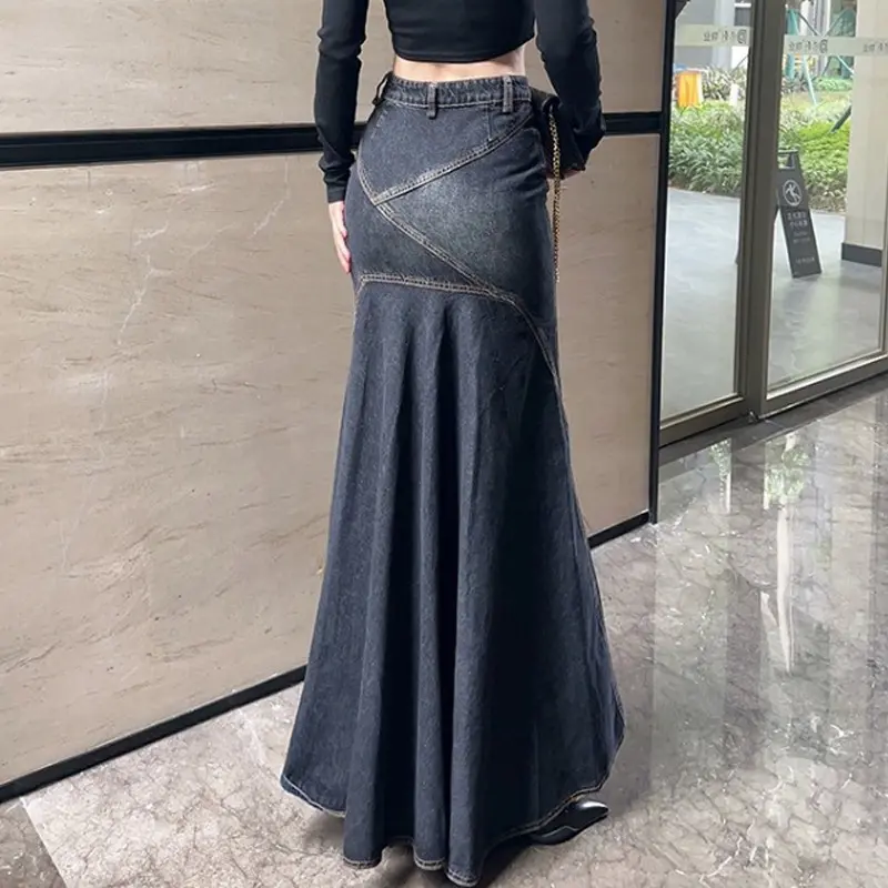 Maxi Skirt Women Casual Mermaid Streatwear High Waist Zipper Denim Skirts Y2k Streetwear Loose Long Mom Jeans Ankle Lenth Summer