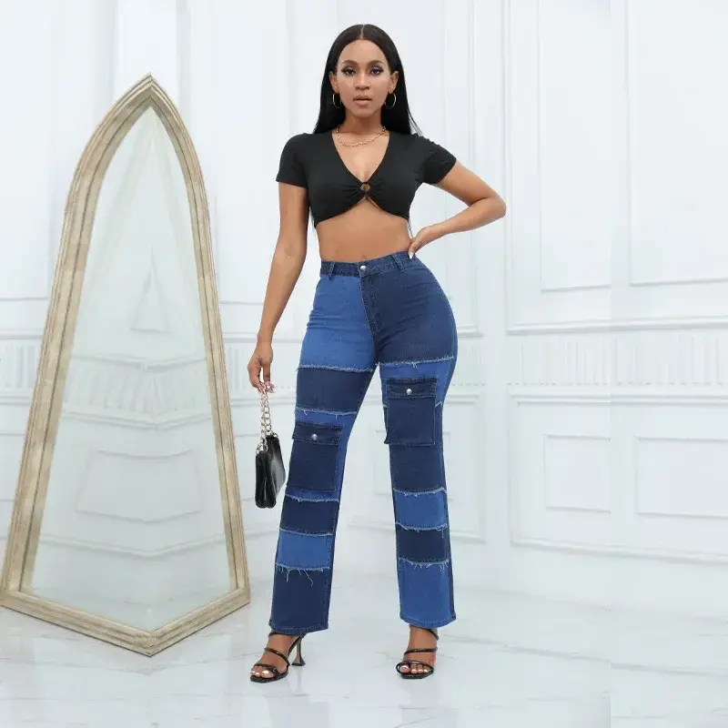 Women Straight Jeans Denim Wide Leg Pants Patchwork High Waist Pockets Button 2025 Autumn Vintage Trousers Strecth Denims