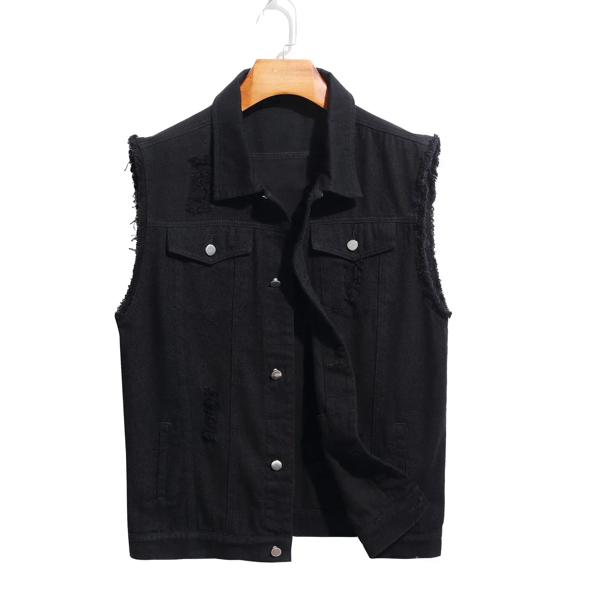 Denim Vest Men Sleeveless Jacket Ripped Holes Pockets Single Breasted Turn Down Collar Punk Distressed Coat Casual Coats Gothic