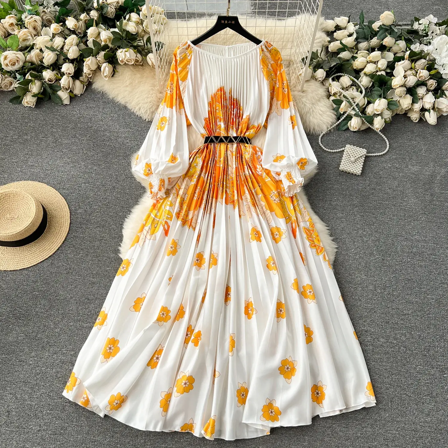 Print Dress Women Pleated Dresses O Neck Pullover Lantern Sleeve Party Loose Casual Summer Sashes High Waist Vestidos Party