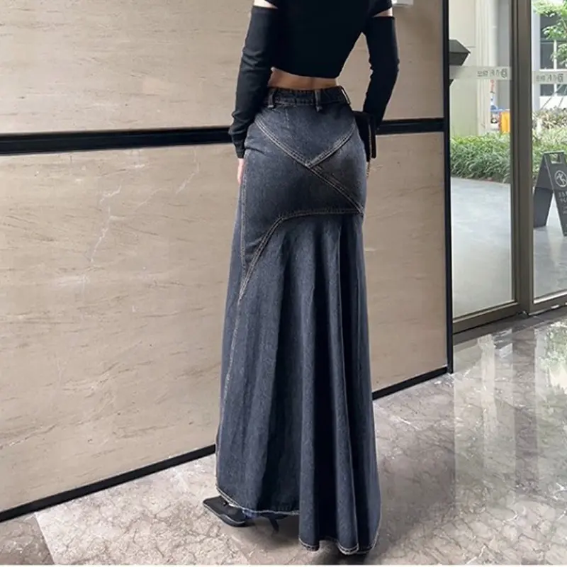 Maxi Skirt Women Casual Mermaid Streatwear High Waist Zipper Denim Skirts Y2k Streetwear Loose Long Mom Jeans Ankle Lenth Summer