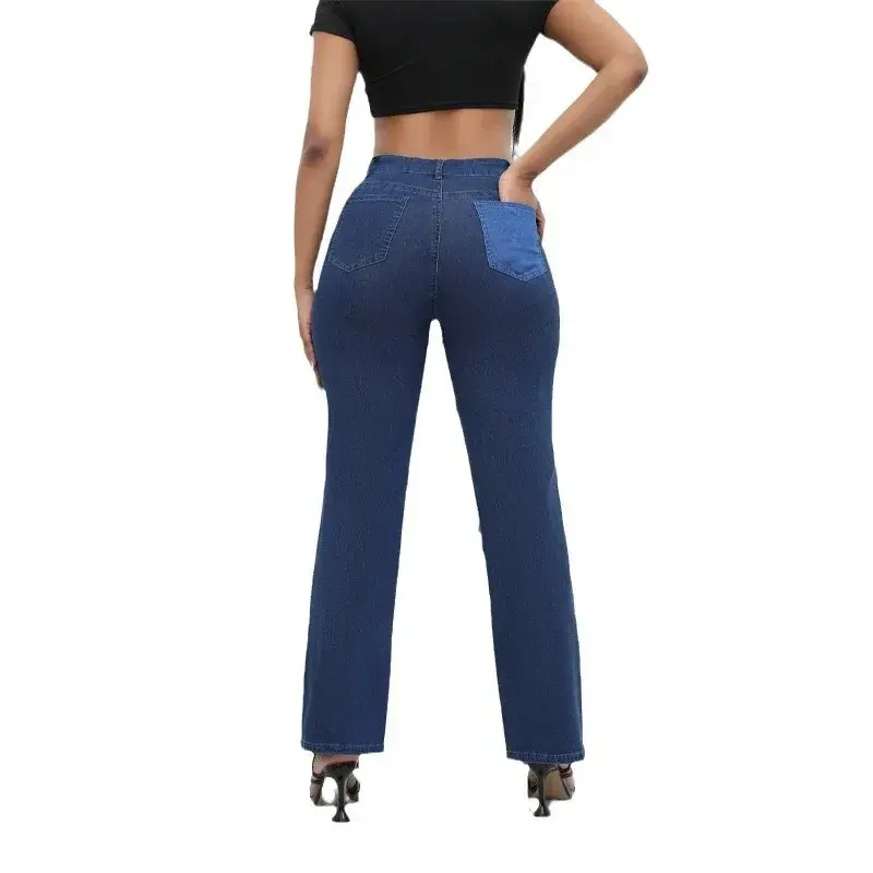Women Straight Jeans Denim Wide Leg Pants Patchwork High Waist Pockets Button 2025 Autumn Vintage Trousers Strecth Denims