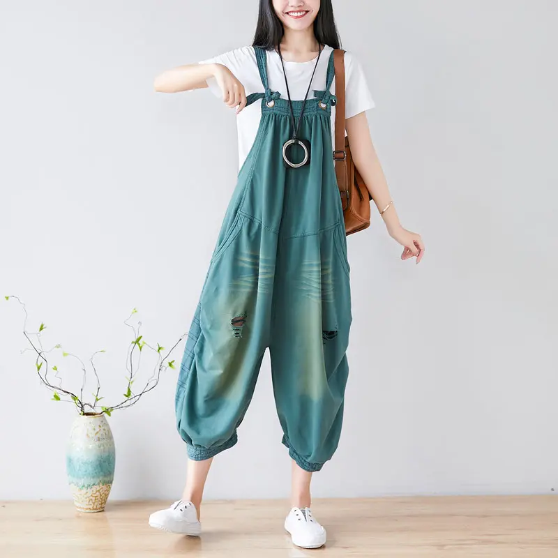 Jumpsuits Women Denim One Piece Suspenders Mom Jeans Overalls Hole Wide Leg Long Pants High Waist Work Y2k Streetwear Rompers