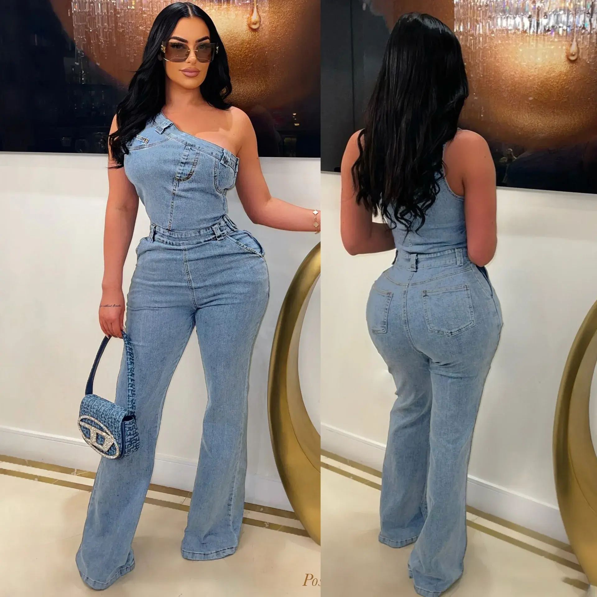 Flare Denim Pants Full Length Women Jeans One Piece Overalls Spliced Solid Jumpsuits Loose Pockets High Waist Basics Washed