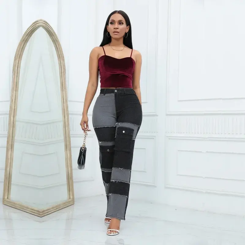 Women Straight Jeans Denim Wide Leg Pants Patchwork High Waist Pockets Button 2025 Autumn Vintage Trousers Strecth Denims
