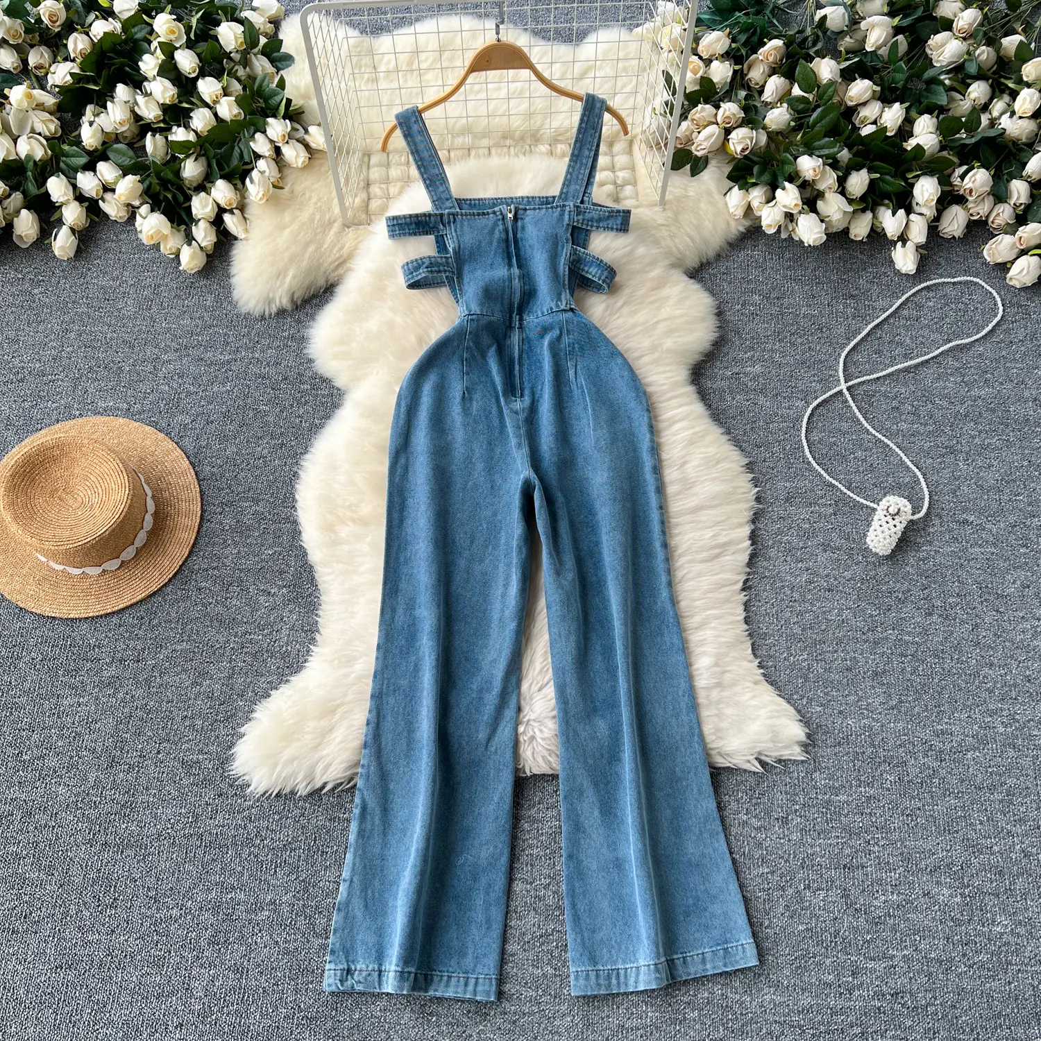 Jumpsuits Women Denim Suspender Jeans One Piece Wide Leg Pants Washed Mom Distressed Pockets Trousers Summer 2025 Streetwear
