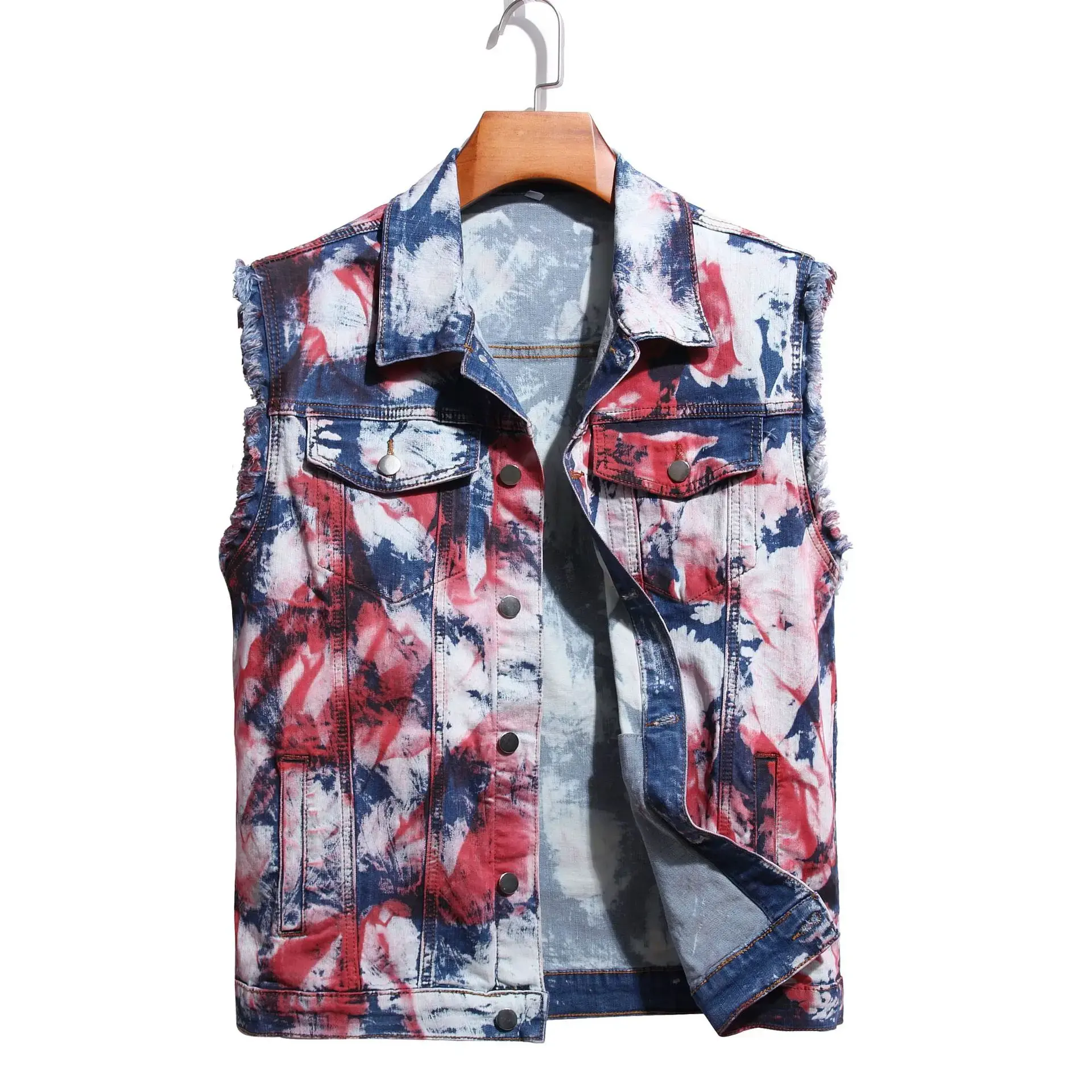 Denim Vest Men Sleeveless Jacket Ripped Holes Pockets Single Breasted Turn Down Collar Punk Distressed Coat Casual Coats Gothic
