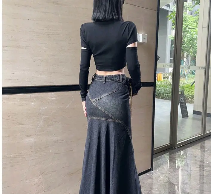 Maxi Skirt Women Casual Mermaid Streatwear High Waist Zipper Denim Skirts Y2k Streetwear Loose Long Mom Jeans Ankle Lenth Summer