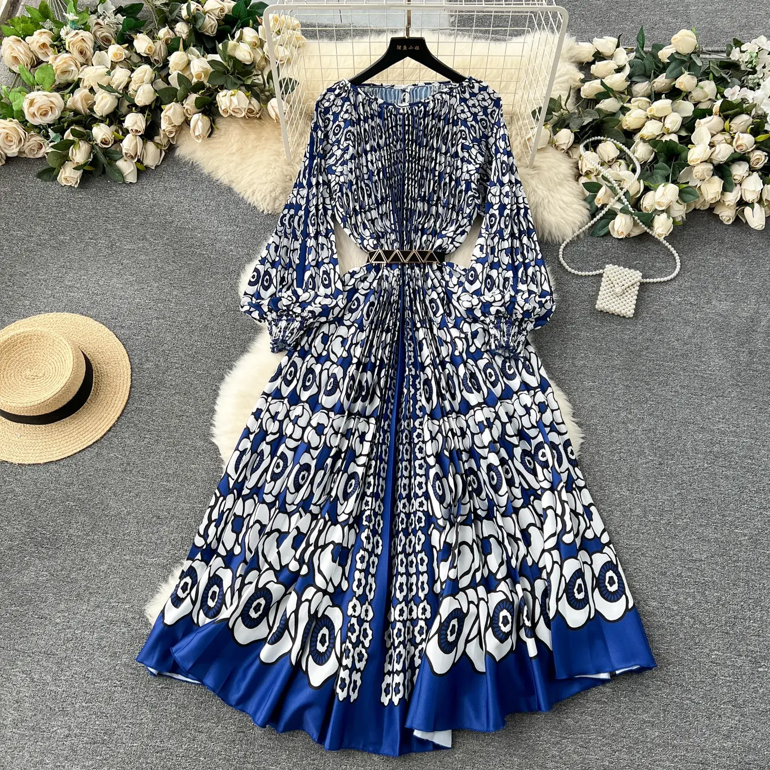 Print Dress Women Pleated Dresses O Neck Pullover Lantern Sleeve Party Loose Casual Summer Sashes High Waist Vestidos Party