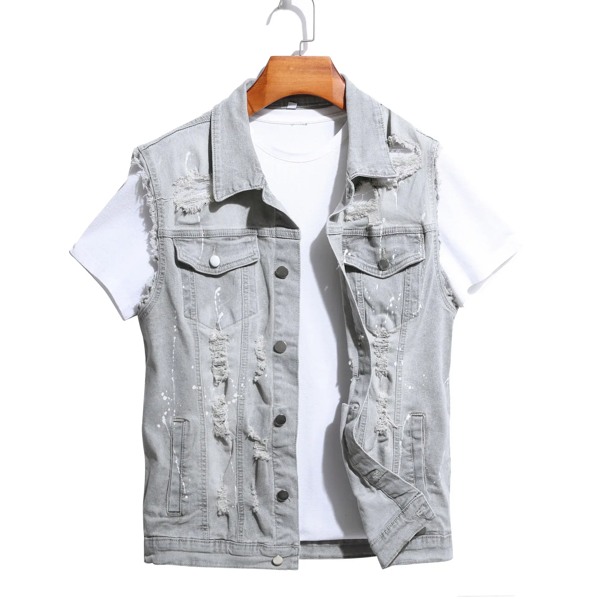 Denim Vest Men Sleeveless Jacket Ripped Holes Pockets Single Breasted Turn Down Collar Punk Distressed Coat Casual Coats Gothic