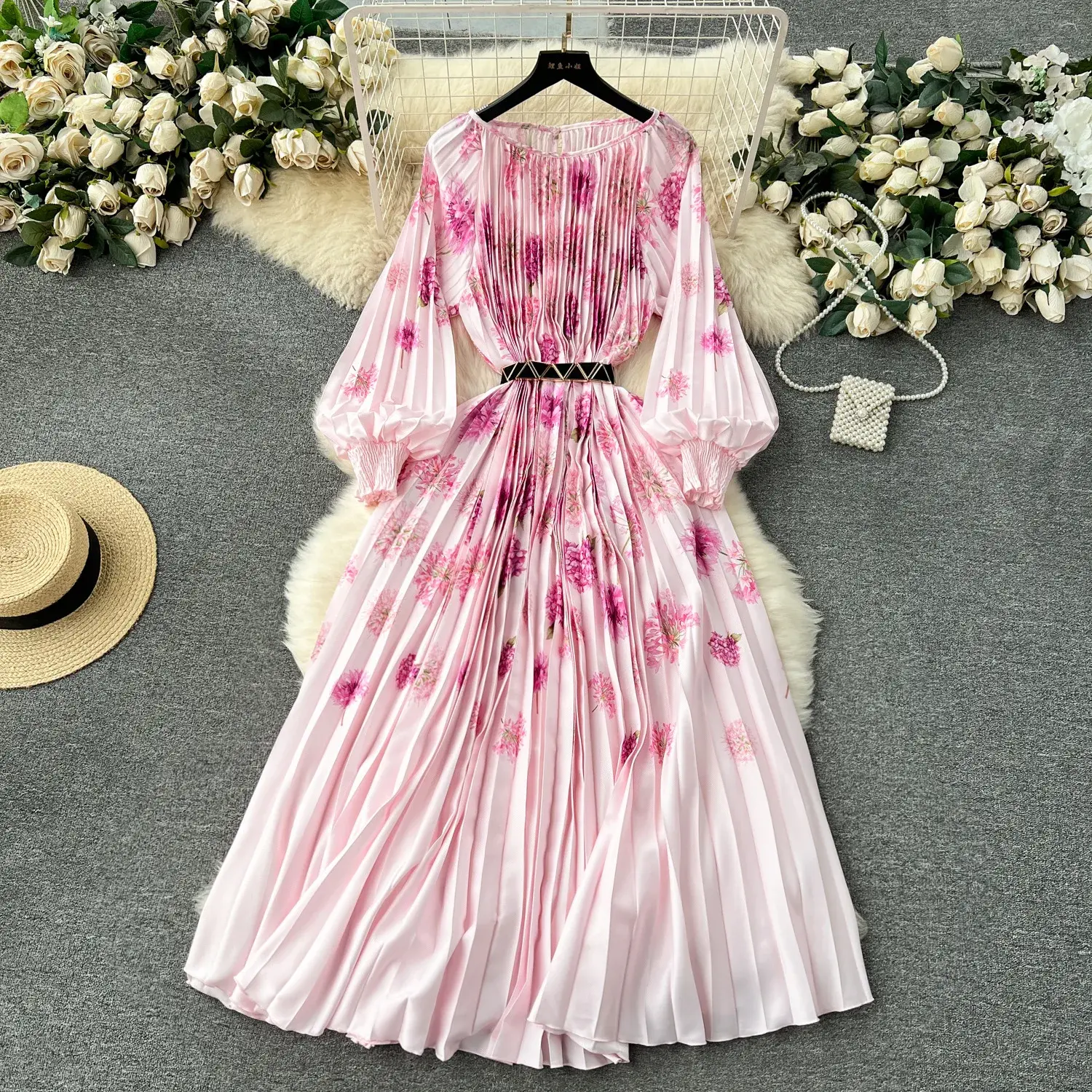 Print Dress Women Pleated Dresses O Neck Pullover Lantern Sleeve Party Loose Casual Summer Sashes High Waist Vestidos Party