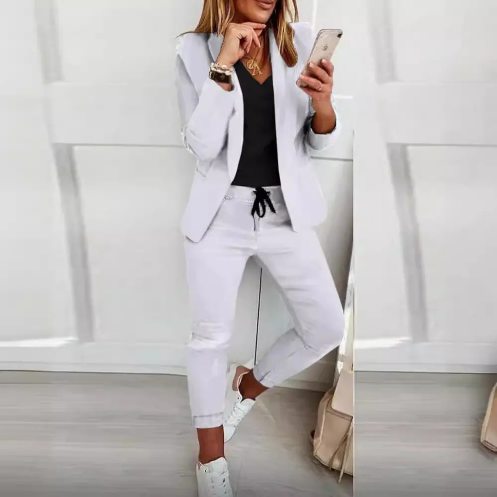 Women Pant Sets Cardigan Turn Down Collar Outerwear Ankle Length Pencil Pants Two Pieces Drawstring Pockets Office Lady Slim