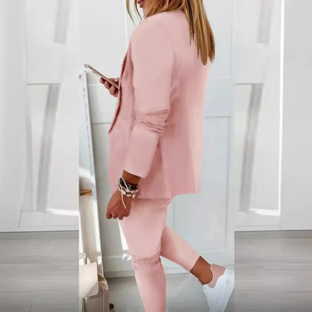 Women Pant Sets Cardigan Turn Down Collar Outerwear Ankle Length Pencil Pants Two Pieces Drawstring Pockets Office Lady Slim