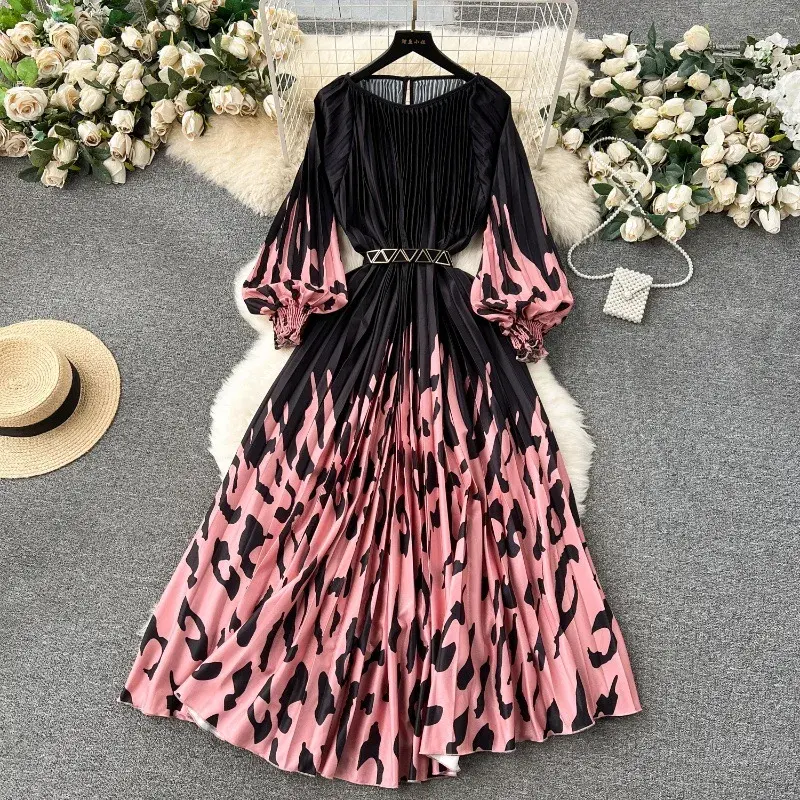 Print Dress Women Pleated Dresses O Neck Pullover Lantern Sleeve Party Loose Casual Summer Sashes High Waist Vestidos Party