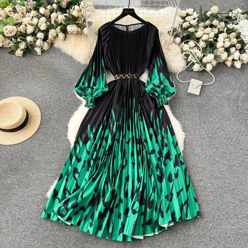 Print Dress Women Pleated Dresses O Neck Pullover Lantern Sleeve Party Loose Casual Summer Sashes High Waist Vestidos Party