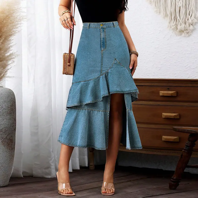 Mid Length Skirts Women Denim Skirt A Line Mom Jeans Ruffles Streetwear Slim Elegant Splice Y2k High Waist Casual Summer 2025