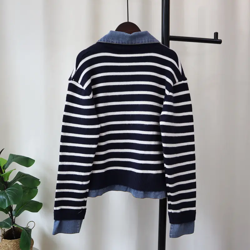 Women Cardigan Sweaters V Neck Denim Work Striped Jumpers Y2k Streetwear Elegant Turn Down Collar Open Stith Autumn Winter