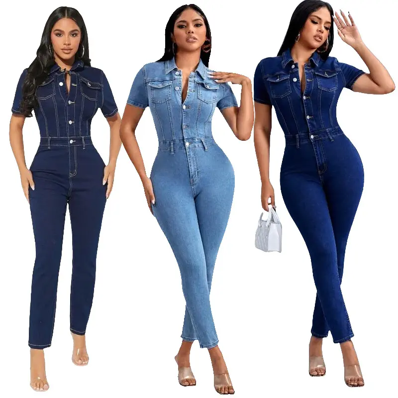 Demin Overalls Women Jumpsuits Bodycon One Piece Long Pants Mom Jeans Short Sleeve High Waist Single Breasted Rompers Party