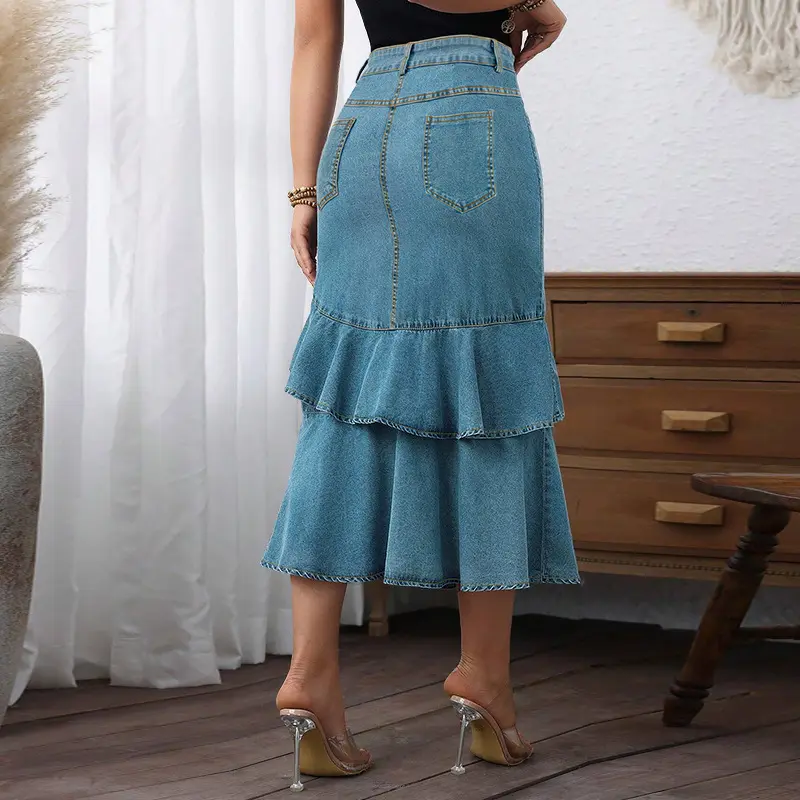 Mid Length Skirts Women Denim Skirt A Line Mom Jeans Ruffles Streetwear Slim Elegant Splice Y2k High Waist Casual Summer 2025