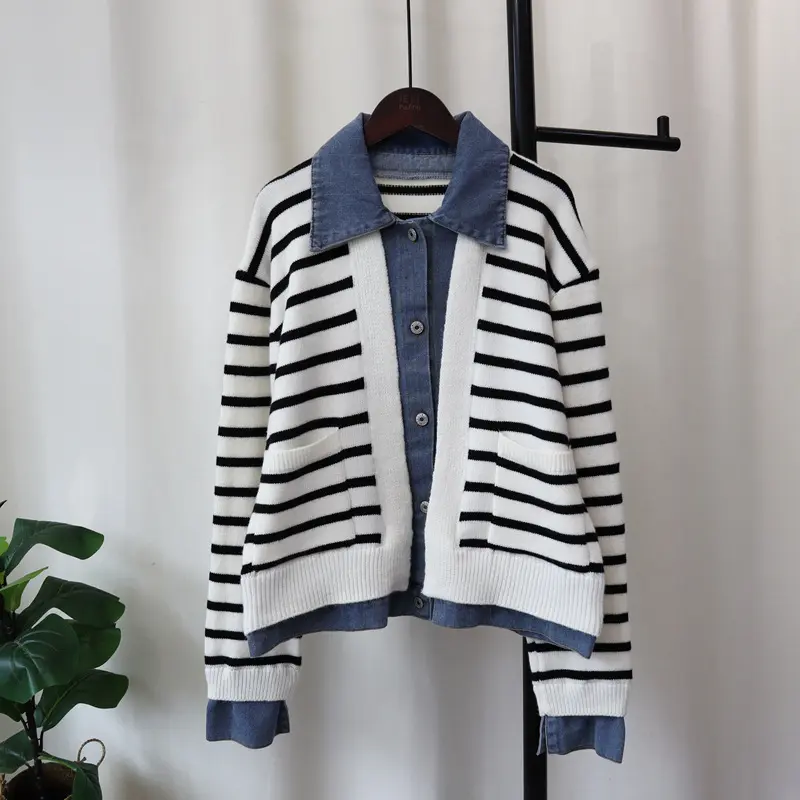 Women Cardigan Sweaters V Neck Denim Work Striped Jumpers Y2k Streetwear Elegant Turn Down Collar Open Stith Autumn Winter