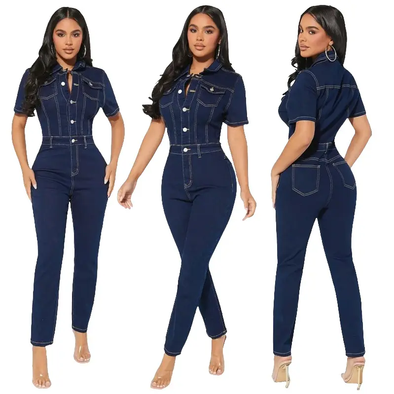 Demin Overalls Women Jumpsuits Bodycon One Piece Long Pants Mom Jeans Short Sleeve High Waist Single Breasted Rompers Party