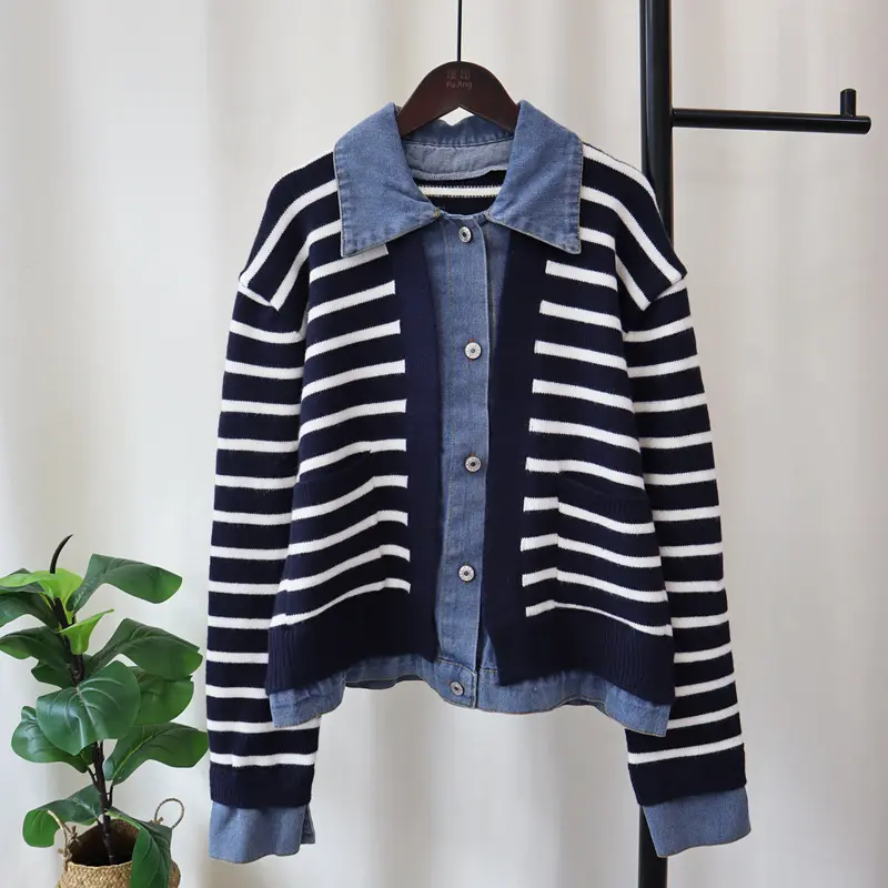 Women Cardigan Sweaters V Neck Denim Work Striped Jumpers Y2k Streetwear Elegant Turn Down Collar Open Stith Autumn Winter