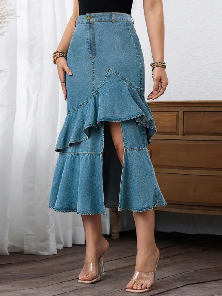 Mid Length Skirts Women Denim Skirt A Line Mom Jeans Ruffles Streetwear Slim Elegant Splice Y2k High Waist Casual Summer 2025