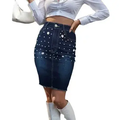 Denim Skirts for Women Sexy Hip Skirt Embroidered Flares Washed Distressed Pockets Slim High Waist 2025 Y2k Mom Jeans Streetwear
