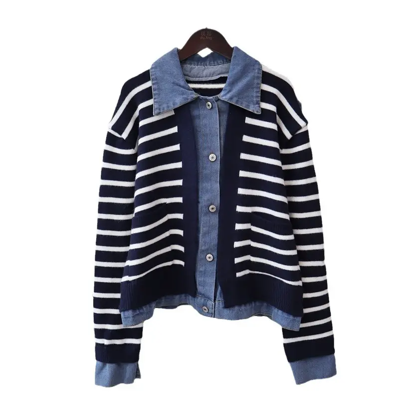 Women Cardigan Sweaters V Neck Denim Work Striped Jumpers Y2k Streetwear Elegant Turn Down Collar Open Stith Autumn Winter