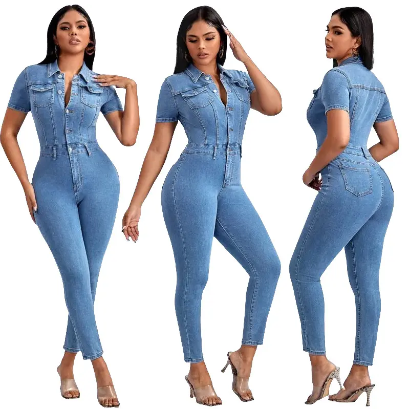 Demin Overalls Women Jumpsuits Bodycon One Piece Long Pants Mom Jeans Short Sleeve High Waist Single Breasted Rompers Party