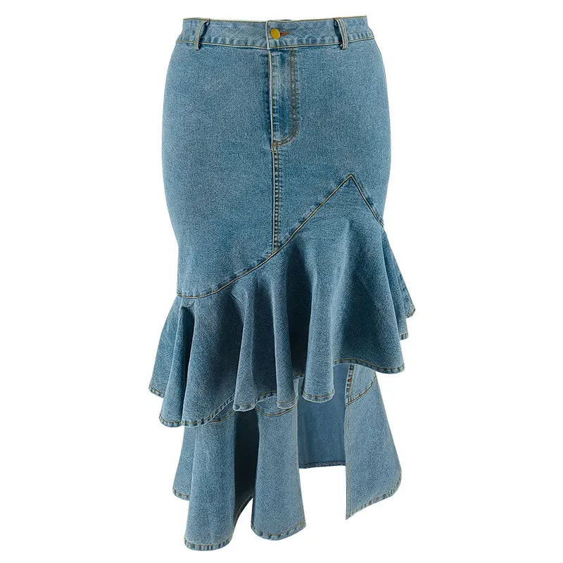 Mid Length Skirts Women Denim Skirt A Line Mom Jeans Ruffles Streetwear Slim Elegant Splice Y2k High Waist Casual Summer 2025