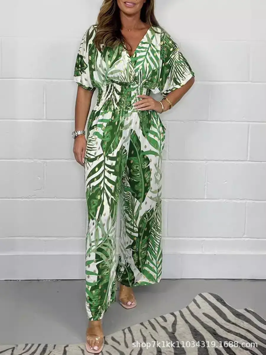 Rompers Women V Neck Jumpsuits Ankle Length Wide Leg Pants Print Pullover One Piece Y2k Streetwear Loose Casual Pockets