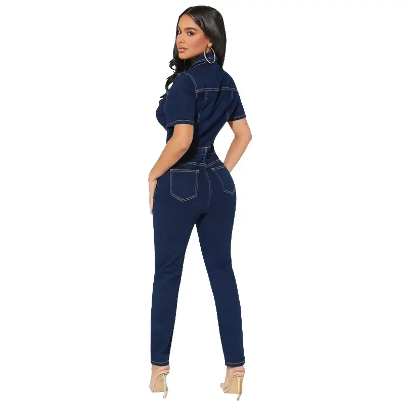 Demin Overalls Women Jumpsuits Bodycon One Piece Long Pants Mom Jeans Short Sleeve High Waist Single Breasted Rompers Party