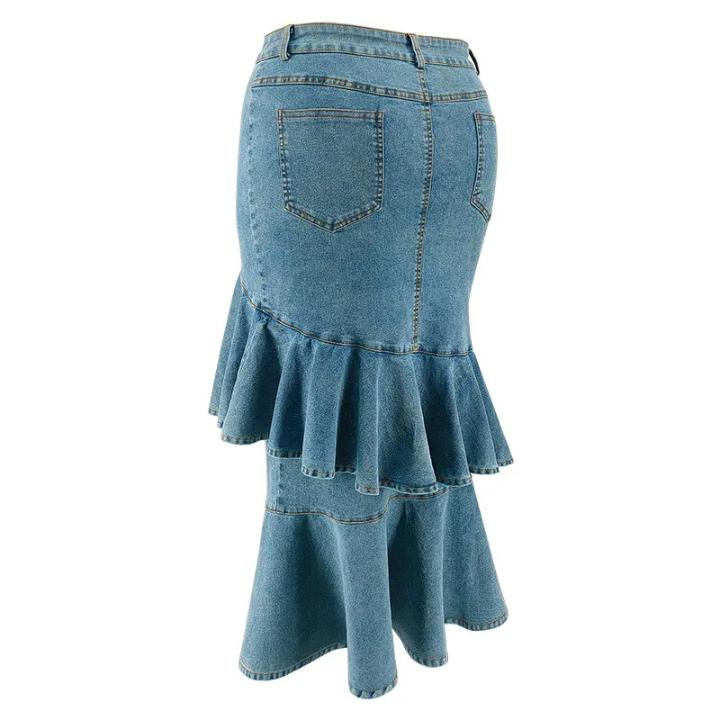 Mid Length Skirts Women Denim Skirt A Line Mom Jeans Ruffles Streetwear Slim Elegant Splice Y2k High Waist Casual Summer 2025