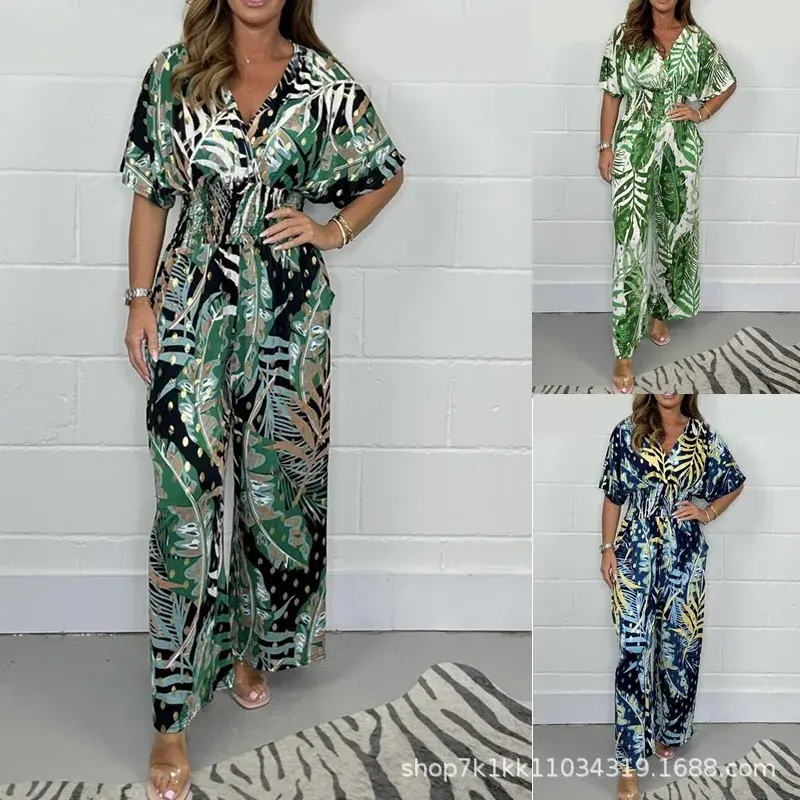 Rompers Women V Neck Jumpsuits Ankle Length Wide Leg Pants Print Pullover One Piece Y2k Streetwear Loose Casual Pockets