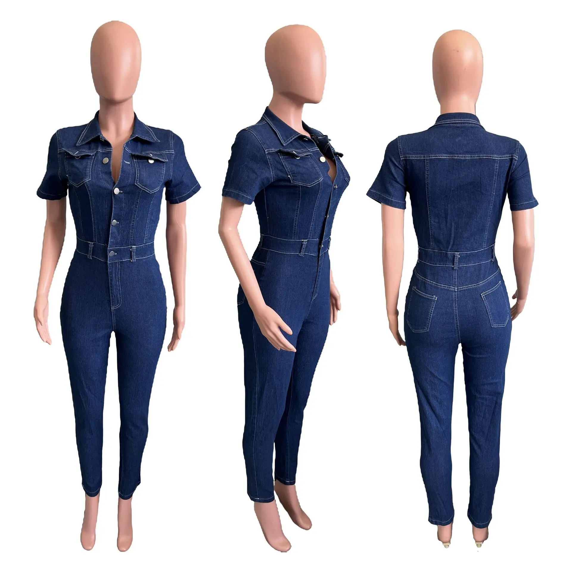 Demin Overalls Women Jumpsuits Bodycon One Piece Long Pants Mom Jeans Short Sleeve High Waist Single Breasted Rompers Party