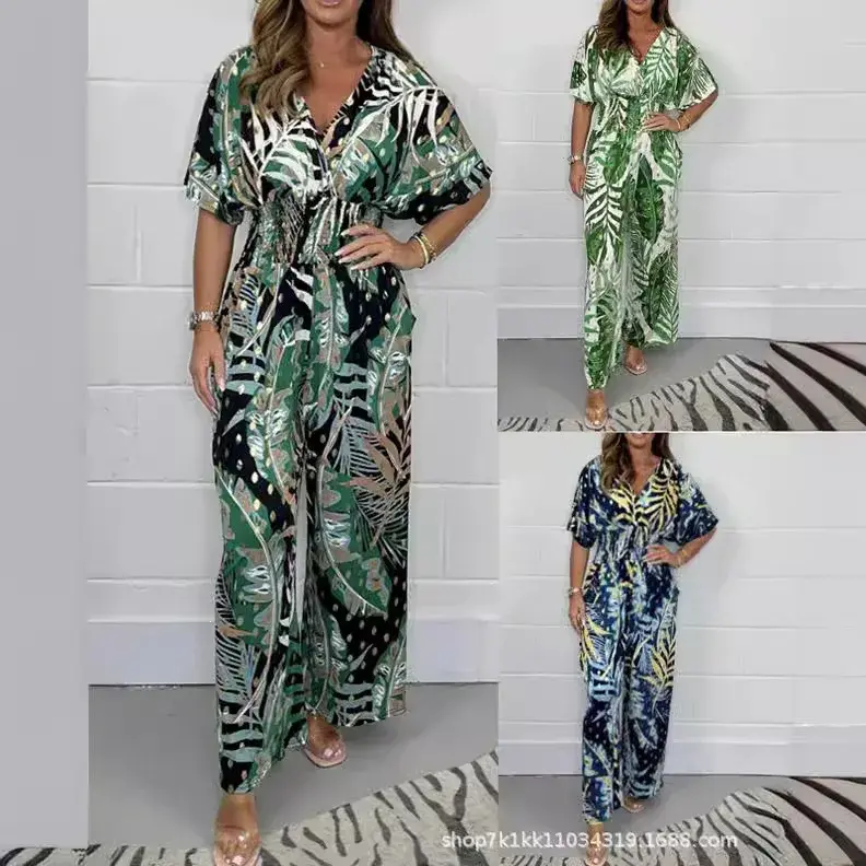 Rompers Women V Neck Jumpsuits Ankle Length Wide Leg Pants Print Pullover One Piece Y2k Streetwear Loose Casual Pockets