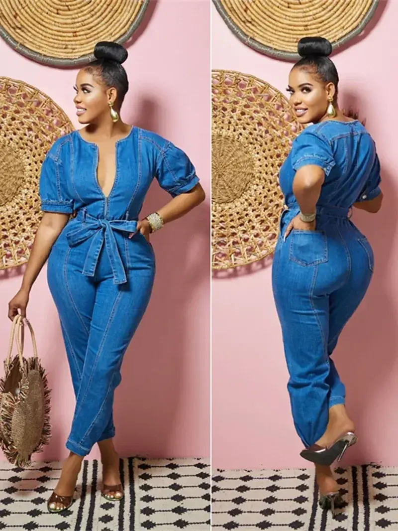 Sexy Denim Jumpsuit for Women Lace-up Pencil Pant Jeans Short Sleeve Sashes Long Rompers Playsuits One Piece Overalls Outfits