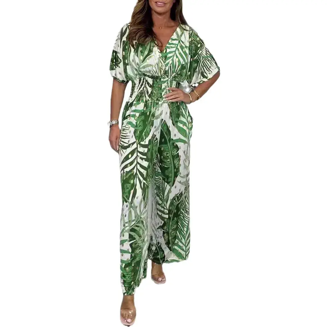 Rompers Women V Neck Jumpsuits Ankle Length Wide Leg Pants Print Pullover One Piece Y2k Streetwear Loose Casual Pockets