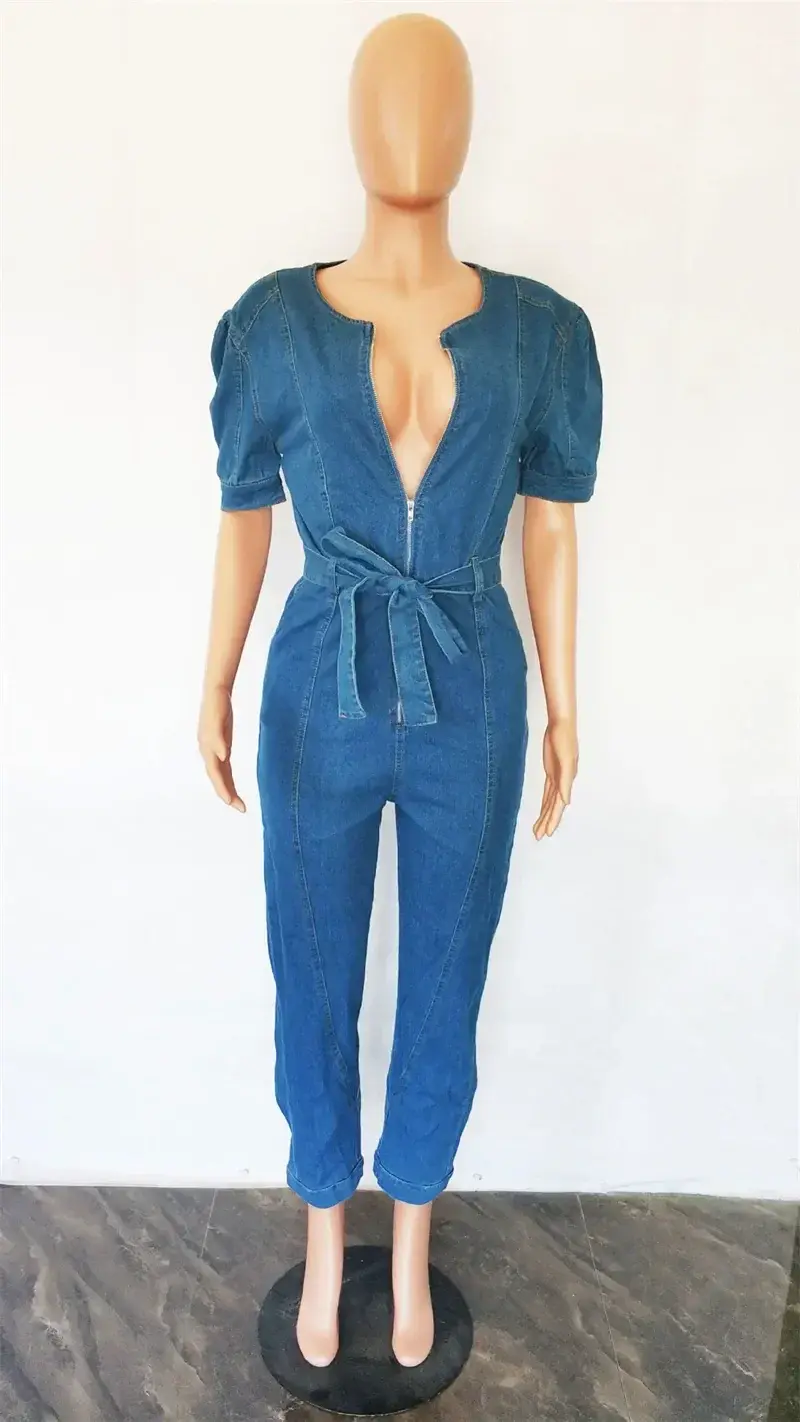 Sexy Denim Jumpsuit for Women Lace-up Pencil Pant Jeans Short Sleeve Sashes Long Rompers Playsuits One Piece Overalls Outfits