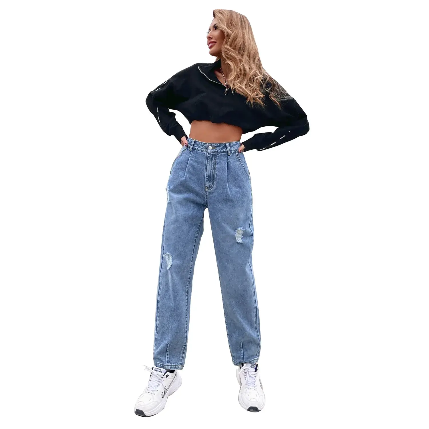 Distressed Women Jean Straight Pants High Waist Ankle Length Jeans Ripped Loose Fit Basics Washed Denim Pants Hole Autumn