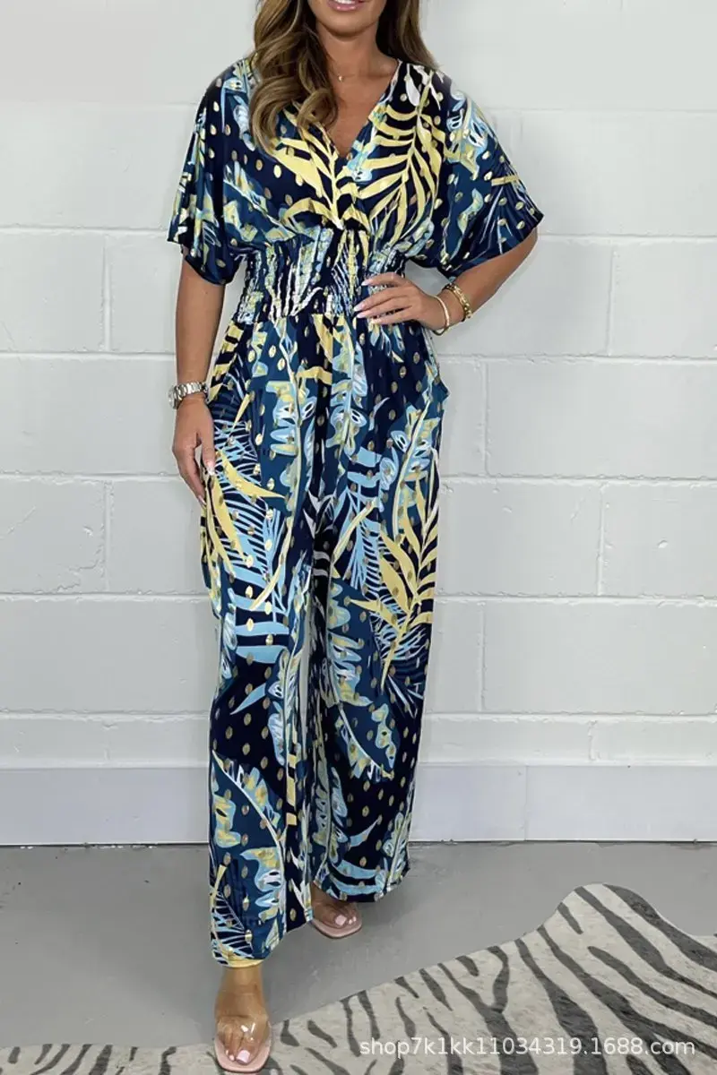 Rompers Women V Neck Jumpsuits Ankle Length Wide Leg Pants Print Pullover One Piece Y2k Streetwear Loose Casual Pockets