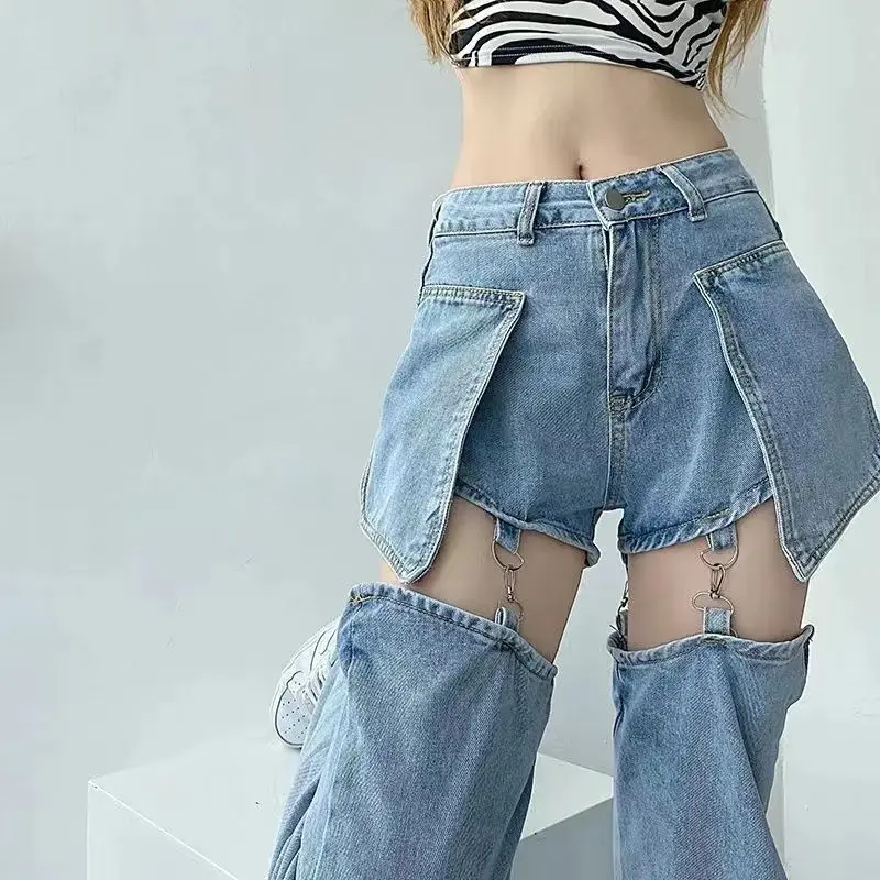 Denim Pant Women Jeans Wide Leg Long Pants Hole Two Fakes High Waist Straight Trousers Y2k Streetwear Elegant Work Summer