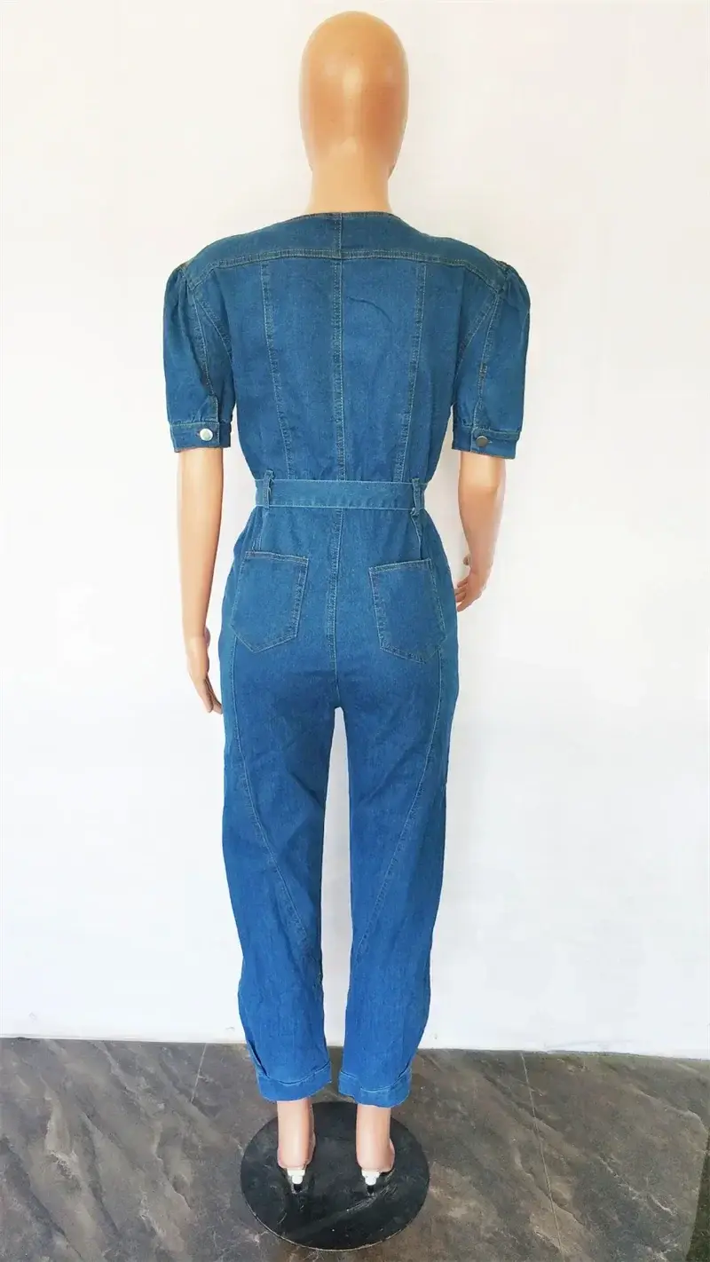 Sexy Denim Jumpsuit for Women Lace-up Pencil Pant Jeans Short Sleeve Sashes Long Rompers Playsuits One Piece Overalls Outfits