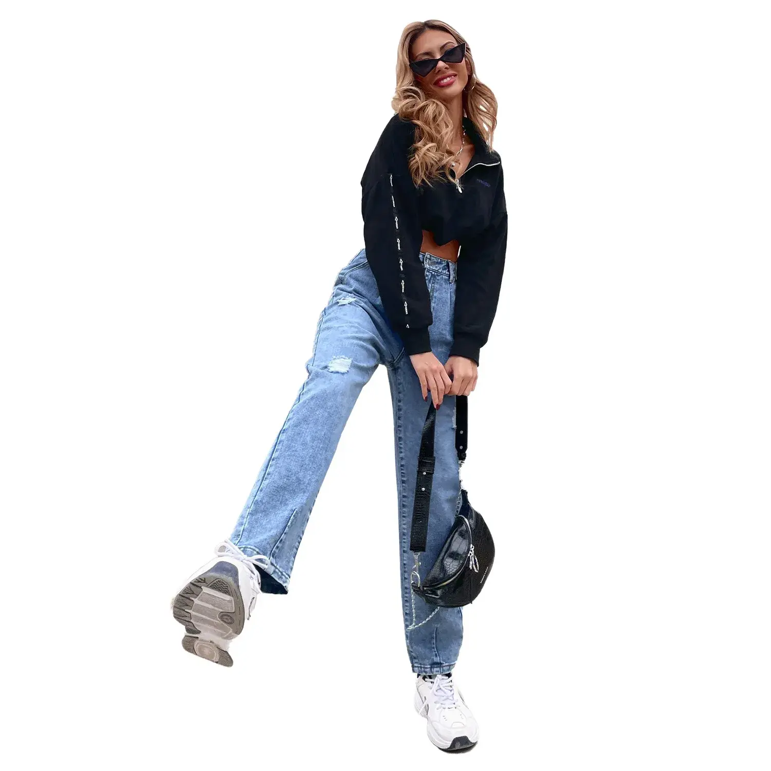 Distressed Women Jean Straight Pants High Waist Ankle Length Jeans Ripped Loose Fit Basics Washed Denim Pants Hole Autumn