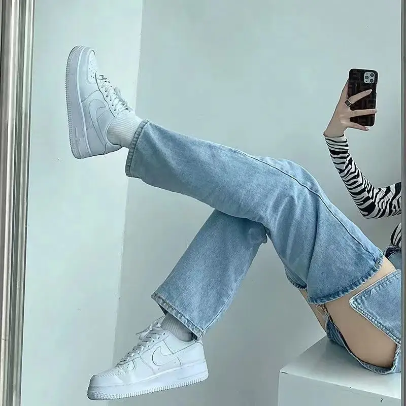 Denim Pant Women Jeans Wide Leg Long Pants Hole Two Fakes High Waist Straight Trousers Y2k Streetwear Elegant Work Summer
