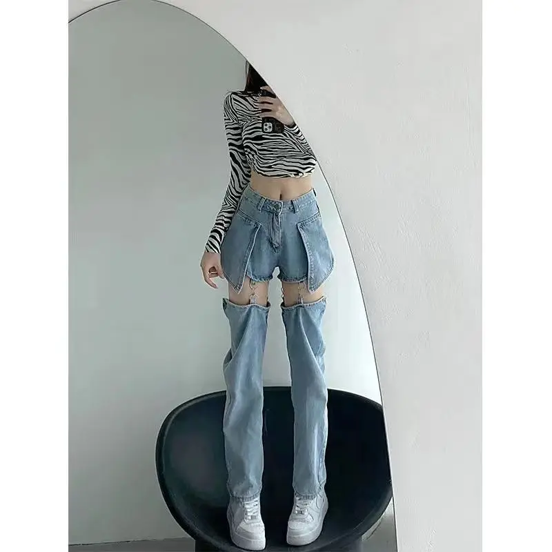 Denim Pant Women Jeans Wide Leg Long Pants Hole Two Fakes High Waist Straight Trousers Y2k Streetwear Elegant Work Summer