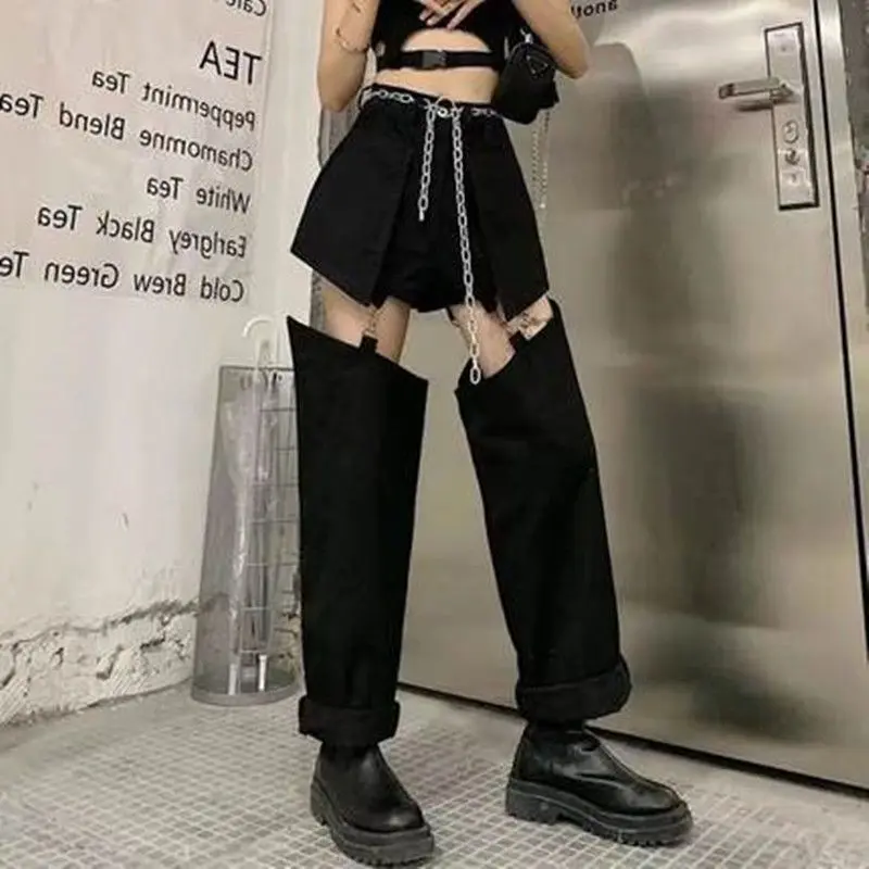 Denim Pant Women Jeans Wide Leg Long Pants Hole Two Fakes High Waist Straight Trousers Y2k Streetwear Elegant Work Summer