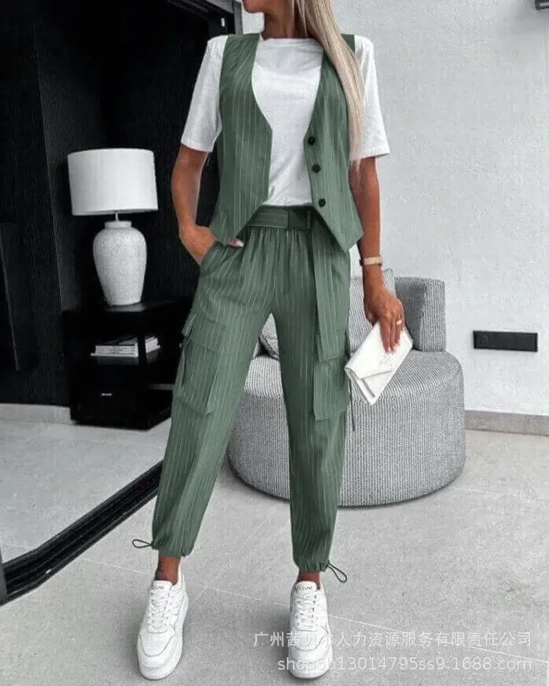 Women Tracksuit Two Pieces Set Sleeveless Single Breasted Button Vest Pencil Pants Slim Pockets Striped Pockets Zipper Fly