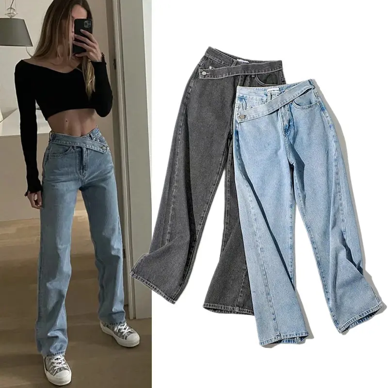 Spliced Wide Leg Denim Pants Women Ankle Length Jean Solid Loose Pockets High Waist Washed Vintage Jeans Zipper Fly Basics 2024